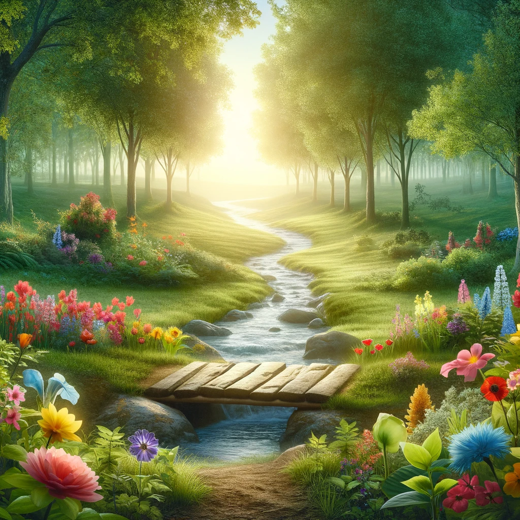 This is a visual image representing the themes of transformation and overcoming fear for your blog post. The serene landscape with a clear path through a lush forest and a small bridge over a stream symbolizes the journey of personal growth and the overcoming of obstacles.