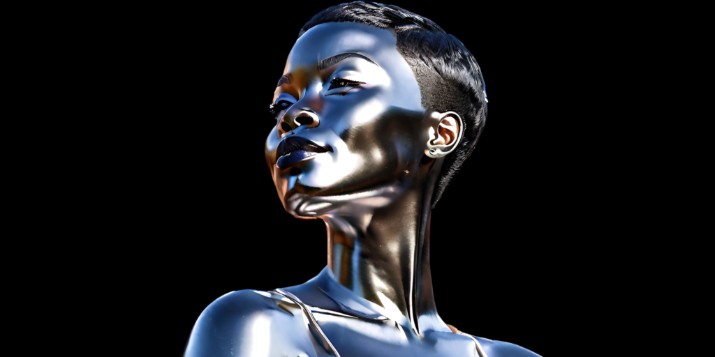 A confident Black woman in chrome with short hair embodying strength and resilience. She symbolizes growth emphasizing empowerment and self-discovery, power, dignity, and strength.