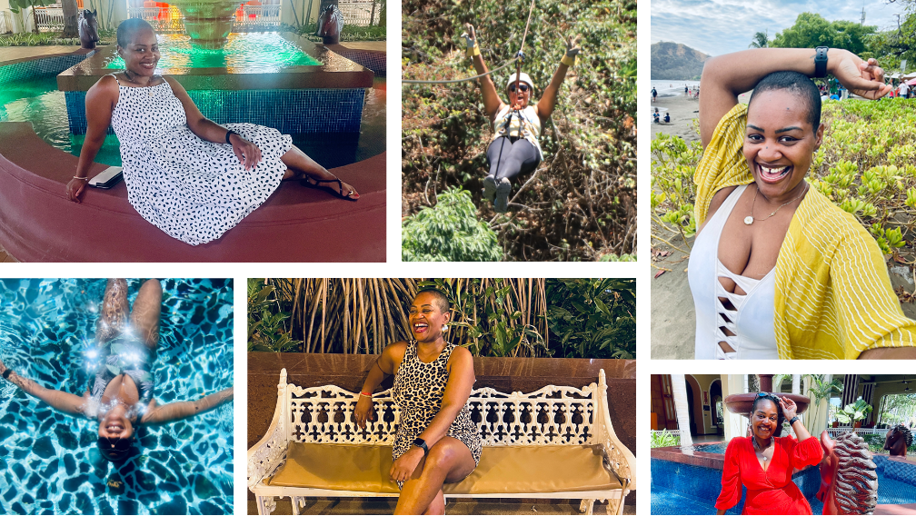 A joyful collage of a radiant Black woman on vacation, embodying peace, play, and power. Top left: seated at a glowing fountain in a white dress, smiling with ease. Top center: ziplining through a lush forest, arms open in thrill. Top right: beaming on a path surrounded by greenery, hand raised in delight. Bottom left: floating peacefully in a shimmering pool. Bottom center: laughing on a white bench, grounded in front of cascading tree roots, wearing a leopard-print dress. Bottom right: glowing in a vibrant red dress beside a fountain, smiling with sunglasses atop her head.