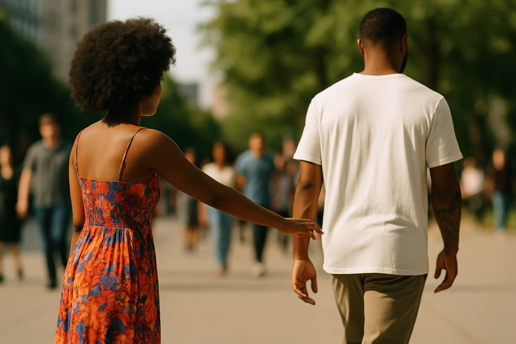 A young Black woman in a colorful maxi dress reaches her hand toward the hem of a man’s untucked shirt as he walks away in a crowded park. The background is softly blurred, highlighting her quiet faith and the sacred distance between them.