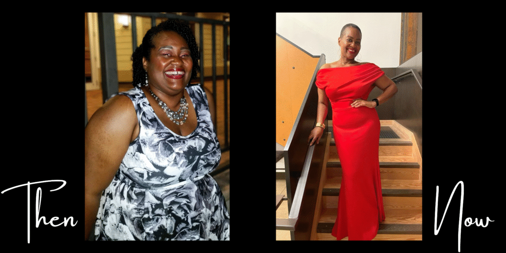 Side-by-side photos of Joval before and after her transformative journey. On the left, she smiles brightly in a black-and-white floral dress; on the right, she stands confidently in a bold red gown, radiant and empowered on a staircase.