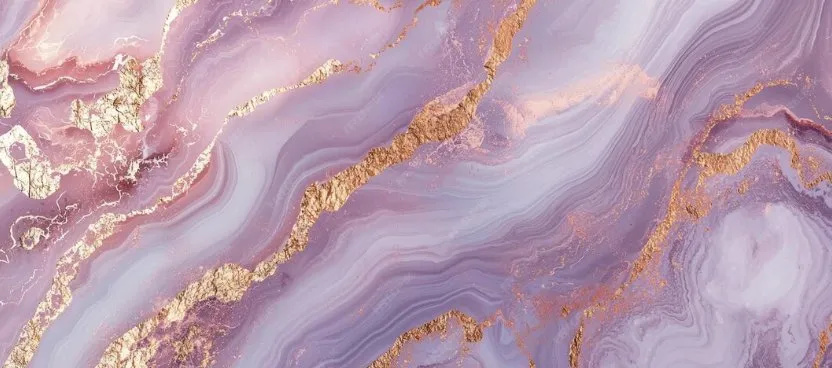 Abstract marbled agate texture with flowing purple, lavender, and pink layers accented by gold veining